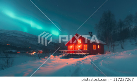 Cabin Glows under Northern Lights 117227267