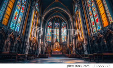 Intricate Stained Glass in a Gothic Cathedral Intricate Stained Glass in a Gothic Cathedral 117227272