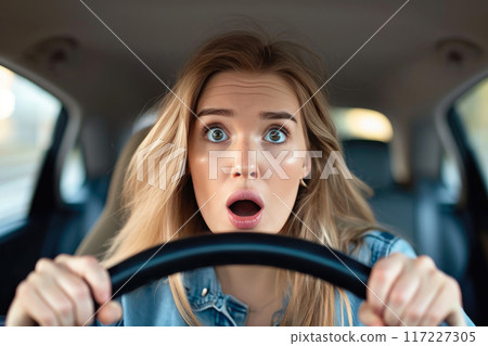 Captivating Woman Expressing Surprise Behind the Wheel Captivating Woman Expressing Surprise Behind the Wheel 117227305