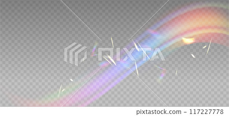 Iridescent crystal leak glare reflection effect. Optical wavy rainbow ray lights, glare, leak, streak overlay. Vector colorful lenses and light flares with transparent effects on light background. Iridescent crystal leak glare reflection effect. Optical wavy rainbow ray lights, glare, leak, streak overlay. Vector colorful lenses and light flares with transparent effects on light background. 117227778