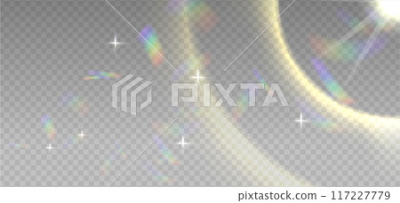Warm White sun light flares with transparent sparkle effects. Iridescent crystal glare lenses reflection effect. Optical rainbow lights, glare, leak, streak overlay. Sparkling vector falling confetti. Warm White sun light flares with transparent sparkle effects. Iridescent crystal glare lenses reflection effect. Optical rainbow lights, glare, leak, streak overlay. Sparkling vector falling confetti. 117227779