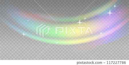 Rainbow arc highlights on a light checkered background. Glare or reflection glass in motion. Glittering particles for social media photo shots. 117227786