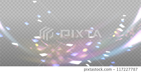 Prism light sparkles overlay, crystal diamond shine of lilac rainbow light with flares. Prism light glasses or lens flare spectrum of gem glass refraction and sunlight shiny dispersion. Vector 117227787