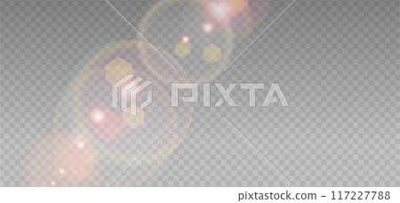 Abstract refraction glow and bokeh effect. Warm crystal light leak flare reflection effect. Transparent refraction background. Vector overlay for summer sun effect. 117227788