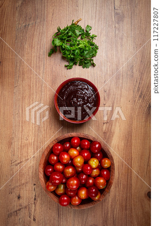 tkemali sauce, from red cherry plum, Georgian tkemali sauce, top view, no people, 117227807