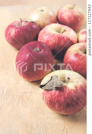apples scattered on the table, selective focus, yellow - red, summer variety, early, no people, 117227842