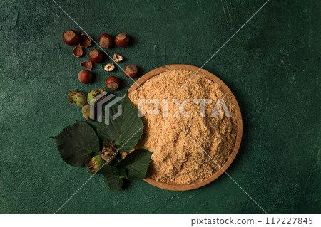 hazelnut flour, top view, filbert, cobnut, top view, no people, hazelnut flour, top view, filbert, cobnut, top view, no people, 117227845