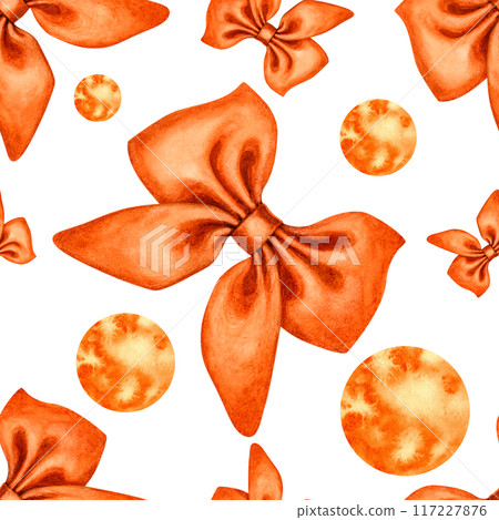 Orange bows on a white background are made with watercolors as a seamless pattern. Illustration as a template for gift wrapping, wrapping paper, textile, interior sticker, wallpaper, holiday, birthday 117227876