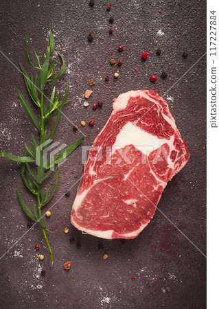fresh, raw rib eye steak, top view, 117227884