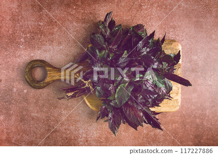 fresh bouquet of purple basil, top view, on a brown background, 117227886