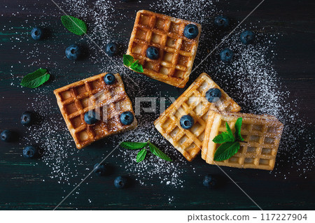 Viennese waffles with blueberries, on a dark background, breakfast, no people, selective focus, 117227904