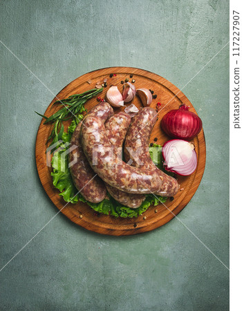 raw kupaty, traditional Georgian sausages, raw sausages, with spices and herbs, Georgian cuisine, 117227907