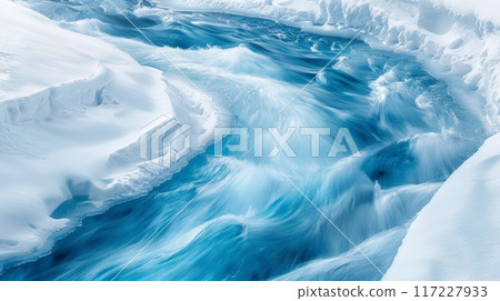 A close-up little smooth river between snow 117227933
