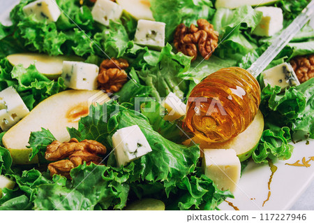 Keto Salad, pear with blue cheese and walnut, selective focus, no people, close-up, Keto Salad, pear with blue cheese and walnut, selective focus, no people, close-up, 117227946