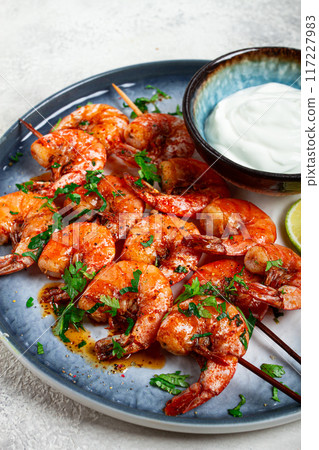 Fried shrimp, without a head, on skewers, shrimp kebabs, with spices, grilled, homemade, without people, Fried shrimp, without a head, on skewers, shrimp kebabs, with spices, grilled, homemade, without people, 117227983