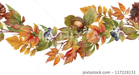 Autumn curve seamless border with watercolor texture leaf and chestnut. Hand drawn floral arrangement with realistic fall foliage. Perfect for botanical endless card template and frame designs. Autumn curve seamless border with watercolor texture leaf and chestnut. Hand drawn floral arrangement with realistic fall foliage. Perfect for botanical endless card template and frame designs. 117228131