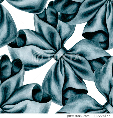 Grey bows on a white background are made with watercolors as a seamless pattern. Illustration as a template for gift wrapping, wrapping paper, textile, interior sticker, wallpaper, holiday, birthday 117228136