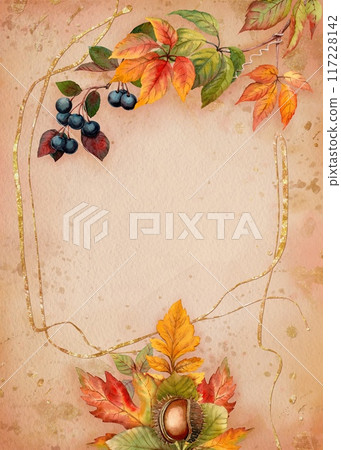 Autumn card template vertical botanical illustration with gold line and beige background. Hand drawn watercolor with detailed vibrant leaf. Ideal for seasonal fall invitation and greeting postcards. 117228142
