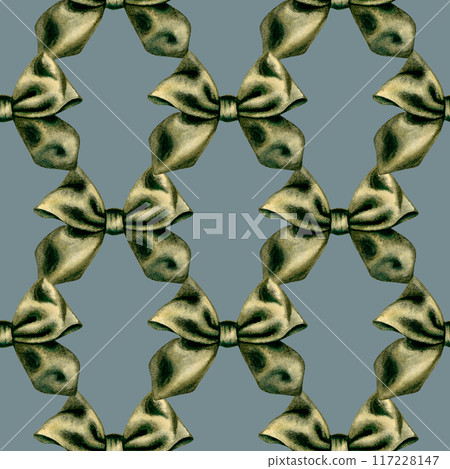 Green bows on a grey background are made with watercolors as a seamless pattern. Illustration as a template for gift wrapping, wrapping paper, textile, interior sticker, wallpaper, holiday, birthday 117228147