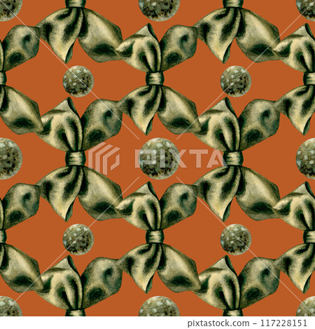 Green bows on a brown background are made with watercolors as a seamless pattern. Illustration as a template for gift wrapping, wrapping paper, textile, interior sticker, wallpaper, holiday, birthday 117228151