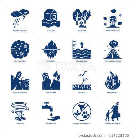 Climate change impact icon set 117228200