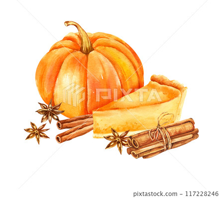 watercolor raw orange pumpkin, piece of delicious pumpkin pie, cinnamon sticks, star anise, hand drawn illustration of food, treats for the holiday, Halloween, autumn party, cozy sketch for card 117228246