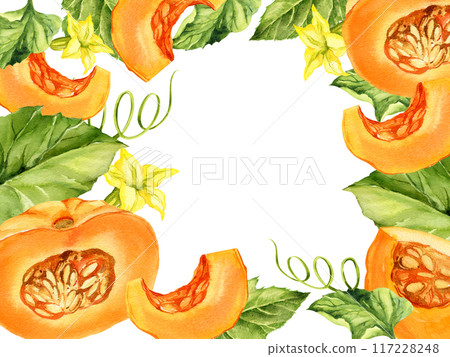 watercolor frame with different ripe orange and beige pumpkins with green leaves, stems, yellow flowers, autumn harvest illustration, hand drawn sketch, white background, for Halloween, fall festival 117228248