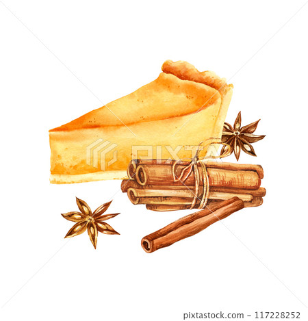 watercolor piece of delicious pumpkin pie, cinnamon sticks, star anise, hand drawn illustration of food theme, treats for the holiday, Halloween, autumn party, cozy sketch on white background for card 117228252