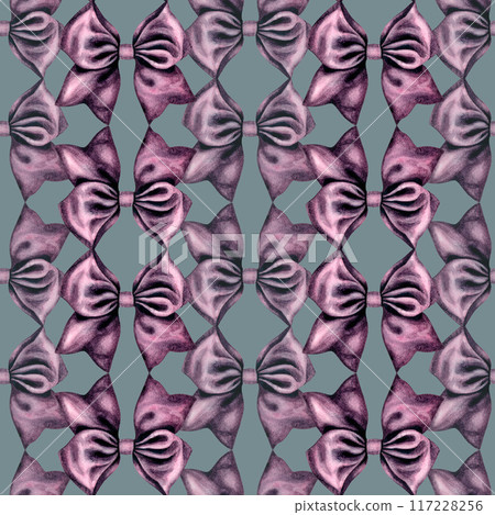 Purple bows on a grey background are made with watercolors as a seamless pattern. Illustration as a template for gift wrapping, wrapping paper, textile, interior sticker, wallpaper, holiday, birthday Purple bows on a grey background are made with watercolors as a seamless pattern. Illustration as a template for gift wrapping, wrapping paper, textile, interior sticker, wallpaper, holiday, birthday 117228256