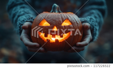 Hands holding a glowing jack-o'-lantern in the twilight. Halloween pumpkin with carved face 117228322