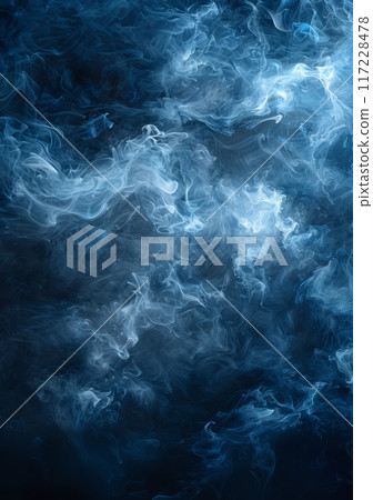 The abstract dark blue background is punctuated by wisps of smoke and smog. 117228478
