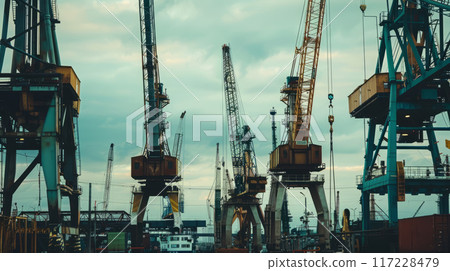 The industrial landscape is dotted with cranes and other heavy machinery, creating a sense of power and progress. 117228479