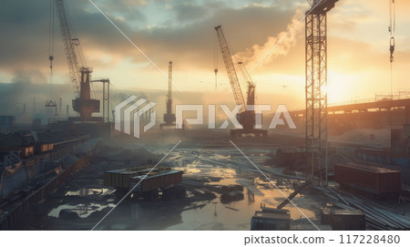 The industrial landscape is dotted with cranes and other heavy machinery, creating a sense of power and progress. 117228480