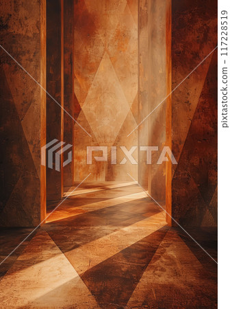 Nostalgic abstract background, warm sepia rays, vintage-inspired light interior wall. 117228519
