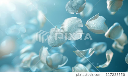 Soft, pastel blue background with a gently falling petal Soft, pastel blue background with a gently falling petal 117228550