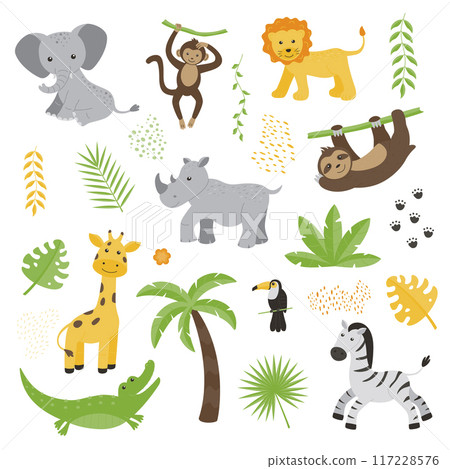 A set of wild African animals giraffe, elephant, zebra, rhinoceros, toucan, monkey, sloth, lion, crocodile. Childrens flat vector illustrations isolated on a white background. A set of wild African animals giraffe, elephant, zebra, rhinoceros, toucan, monkey, sloth, lion, crocodile. Childrens flat vector illustrations isolated on a white background. 117228576