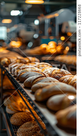 A commercial bakery with industrial mixers kneading dough and conveyor belts transporting freshly baked goods 117228668