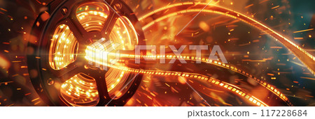 A burst of warm, fiery colors with a film strip emerging from the center, creating a cinematic vibe 117228684