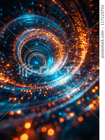 Conceptual cluster, a swirling vortex of data streams merging into a central core of interconnected nodes. 117228702
