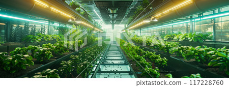A high-tech vertical farm with rows of hydroponic systems and automated grow lights nurturing crops 117228760