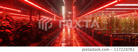 A high-tech vertical farm with rows of hydroponic systems and automated grow lights nurturing crops 117228761