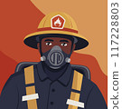 Courageous firefighter in protective uniform stands amidst billowing flames. 117228803