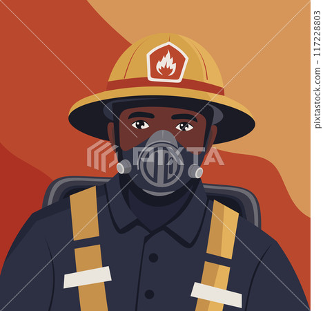 Courageous firefighter in protective uniform stands amidst billowing flames. Courageous firefighter in protective uniform stands amidst billowing flames. 117228803