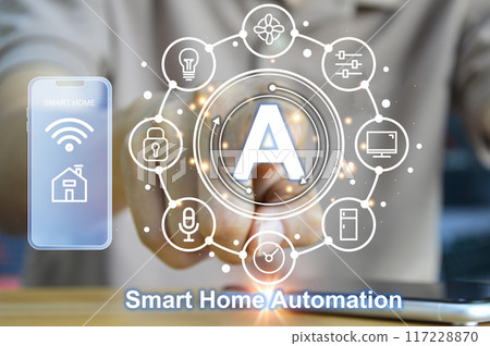concept smart home automation control system Internet network concept, innovative technology, wireless control concept smart home automation control system Internet network concept, innovative technology, wireless control 117228870