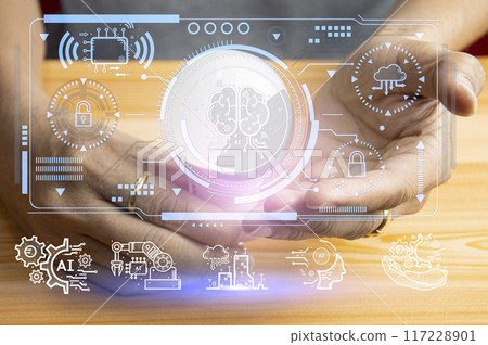 Technology and people concept man use AI to help work, AI Learning and Artificial Intelligence Concept. Business, modern technology, internet and networking concept. AI technology in everyday life. 117228901