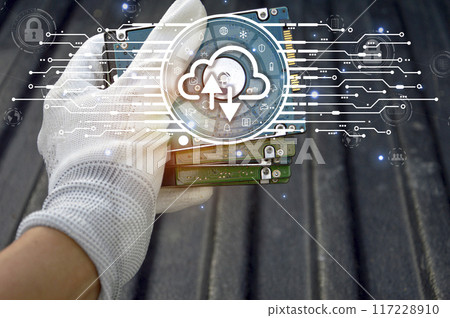 Database storage cloud technology file data transfer sharing, cyber, big data information for financial online marketing, internet banking application or computer download upload backup cloud drive 117228910