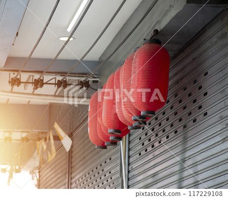 Decorative red Japanese paper lanterns Decorative red Japanese paper lanterns 117229108