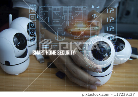 Smart home security concept, remote control, app use to control and monitor and record 117229127