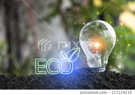 Green eco-friendly light bulb, green energy concept. 117229216