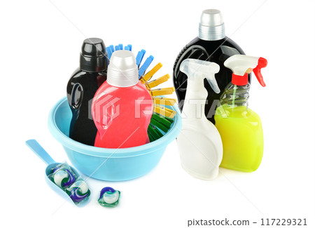 Bottles with household chemicals isolated on white. Bottles with household chemicals isolated on white. 117229321